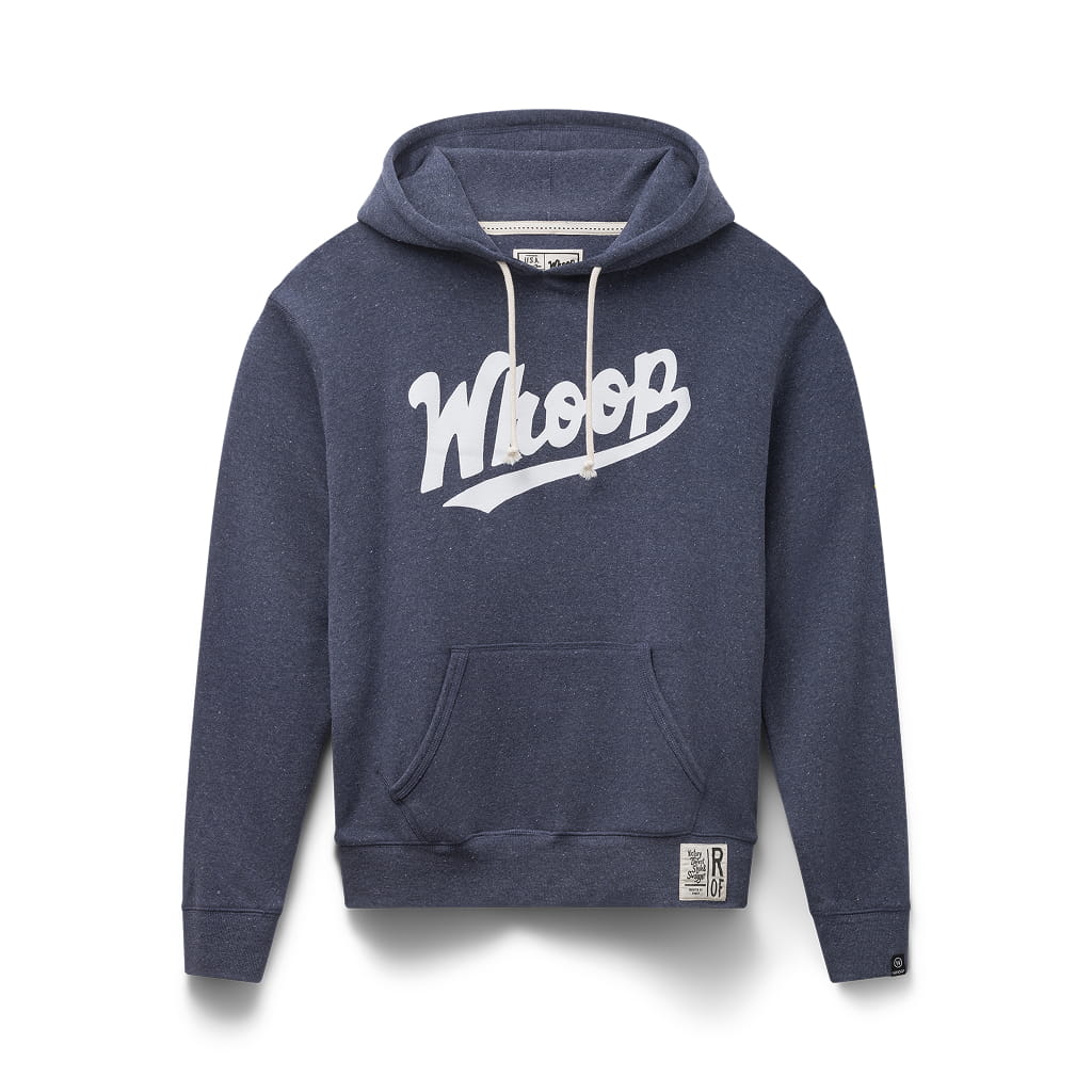 Navy hoodie with “Whoop” logo and front kangaroo pocket on white background.