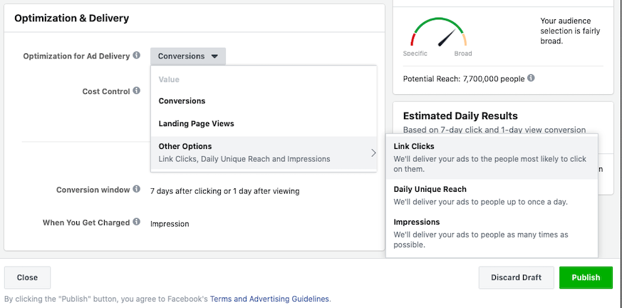 Setting Facebook Ad Optimization and Delivery