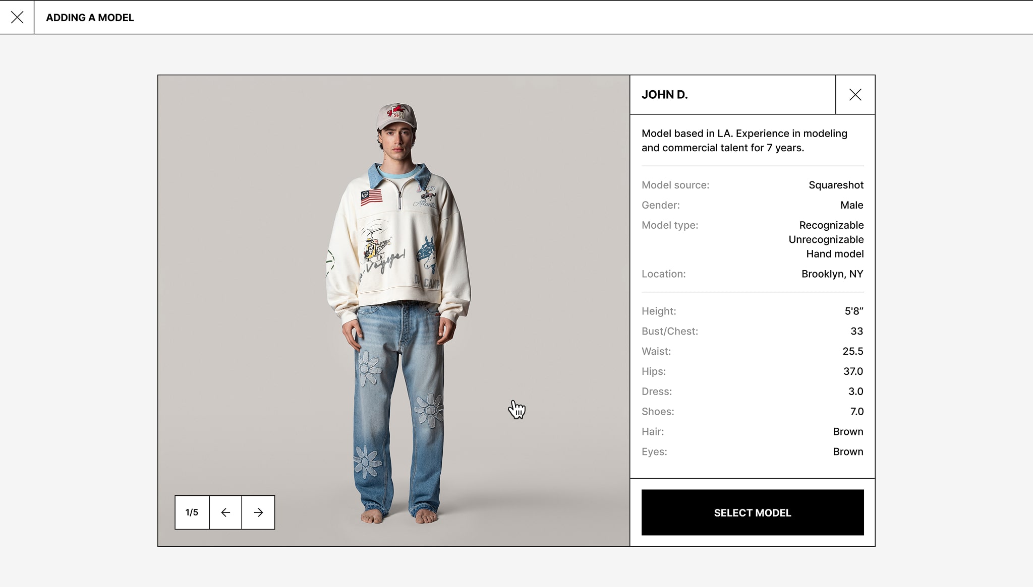 Screenshot of the Squareshot model selection interface with a full-body model preview and listed measurements.