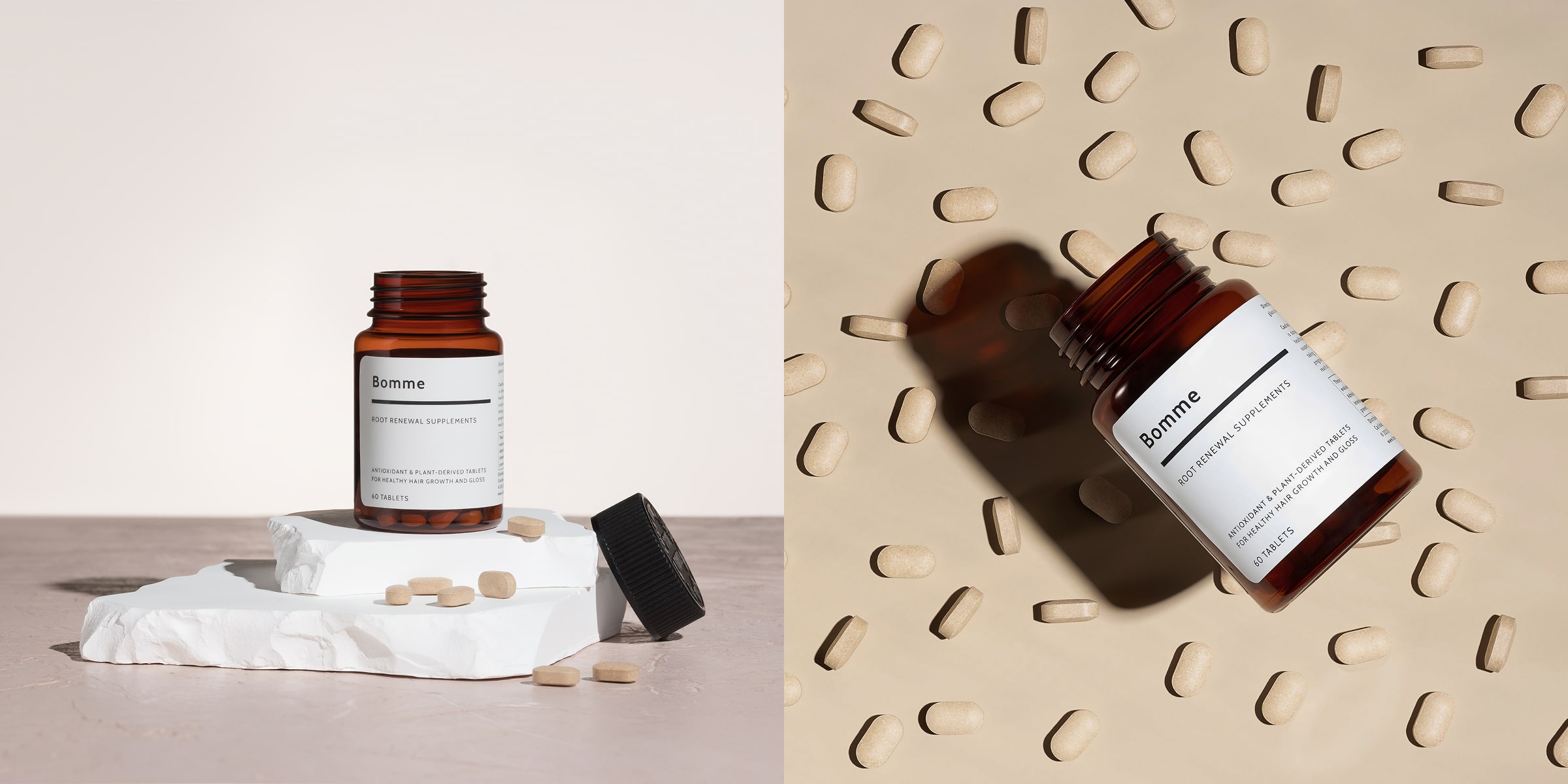 Bomme supplement bottles with scattered tablets styled on beige backgrounds