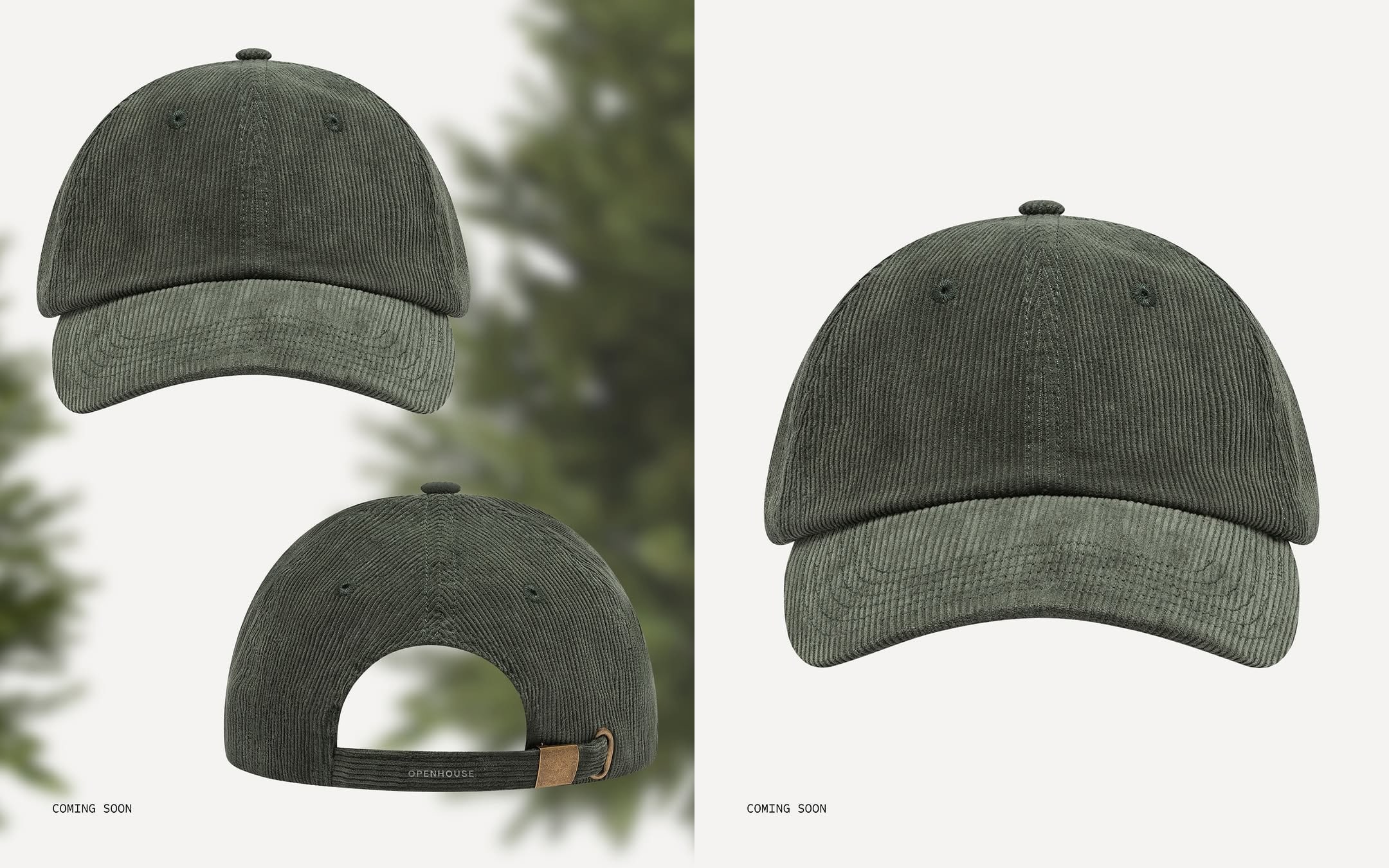 Green textured baseball cap photographed outdoors with blurred background