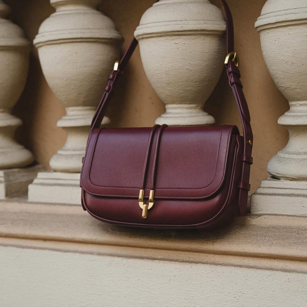 Burgundy leather handbag with gold clasp, captured in natural light for true color representation.