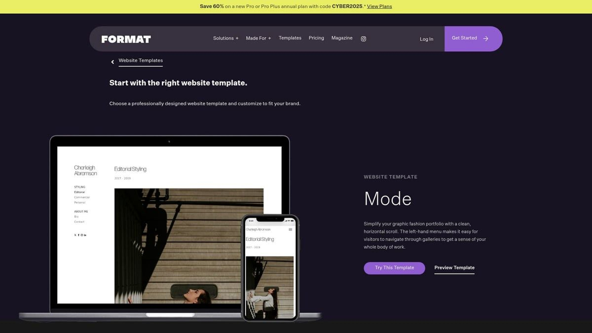Format website showing Mode portfolio template with laptop and mobile preview for fashion creatives.